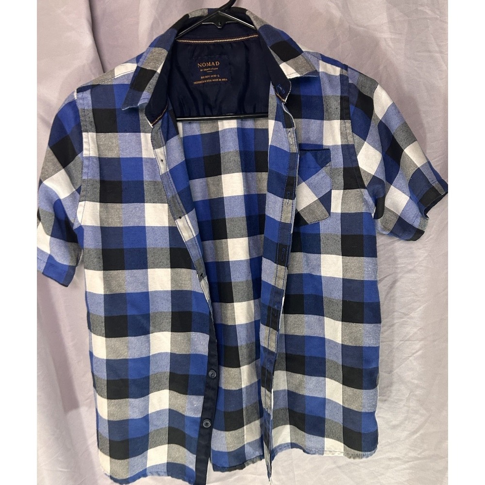 NOMAD Craft + Flow Boys 14/16 L Blue Plaid Button Up Shirt Short Sleeve